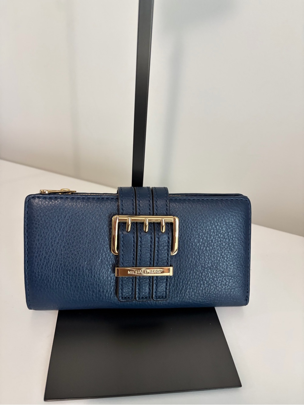 Michael Kors Gansevoort Navy Pebbled Leather Wallet with Gold-Tone Buckle
